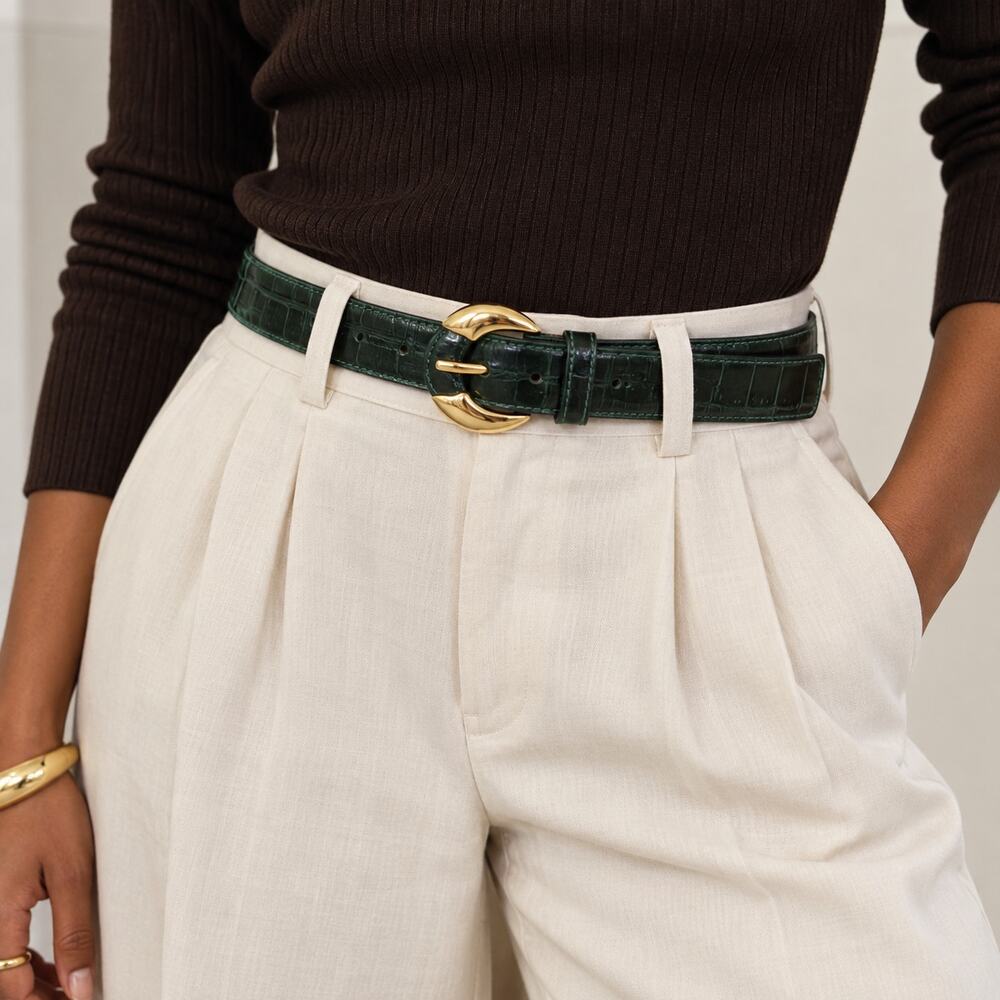Vintage Italian Green Leather Belt Gold Buckle Croc Embossed Size M ✨